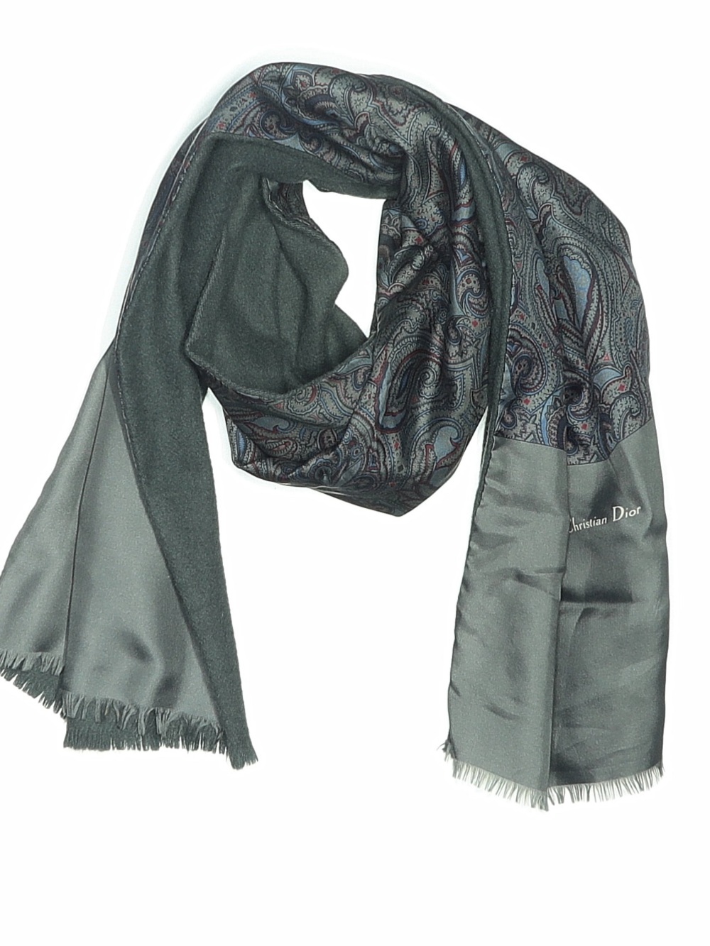 Christian Dior Reversible Paisley Fringe Scarf Shawl Gray Blue Wool Silk Luxury
